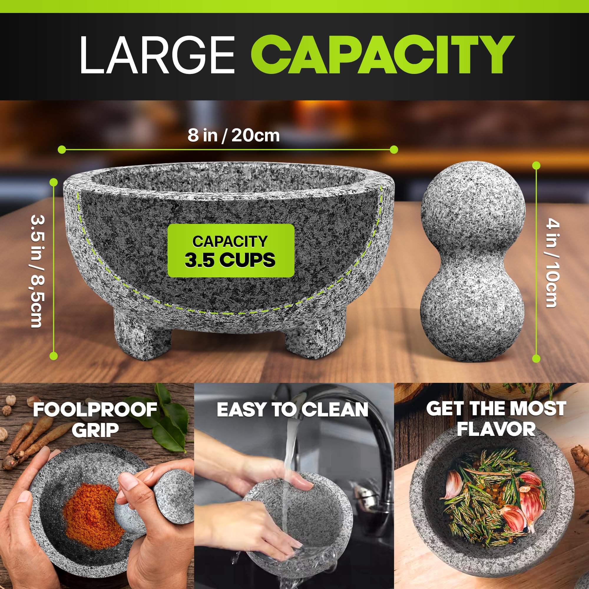 UMIEN granite pestle close-up demonstrating sturdy grip and control