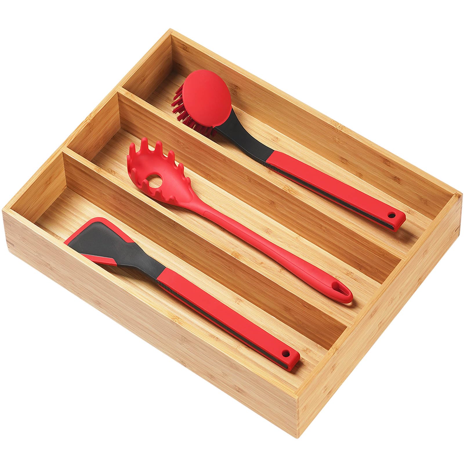 Umilife bamboo organizer front overhead view showing tidy compartments and natural finish benefit