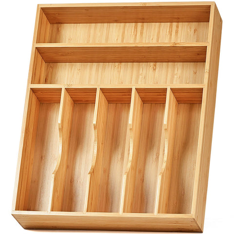 Umilife bamboo organizer front view showing neat slots and natural finish for tidy storage