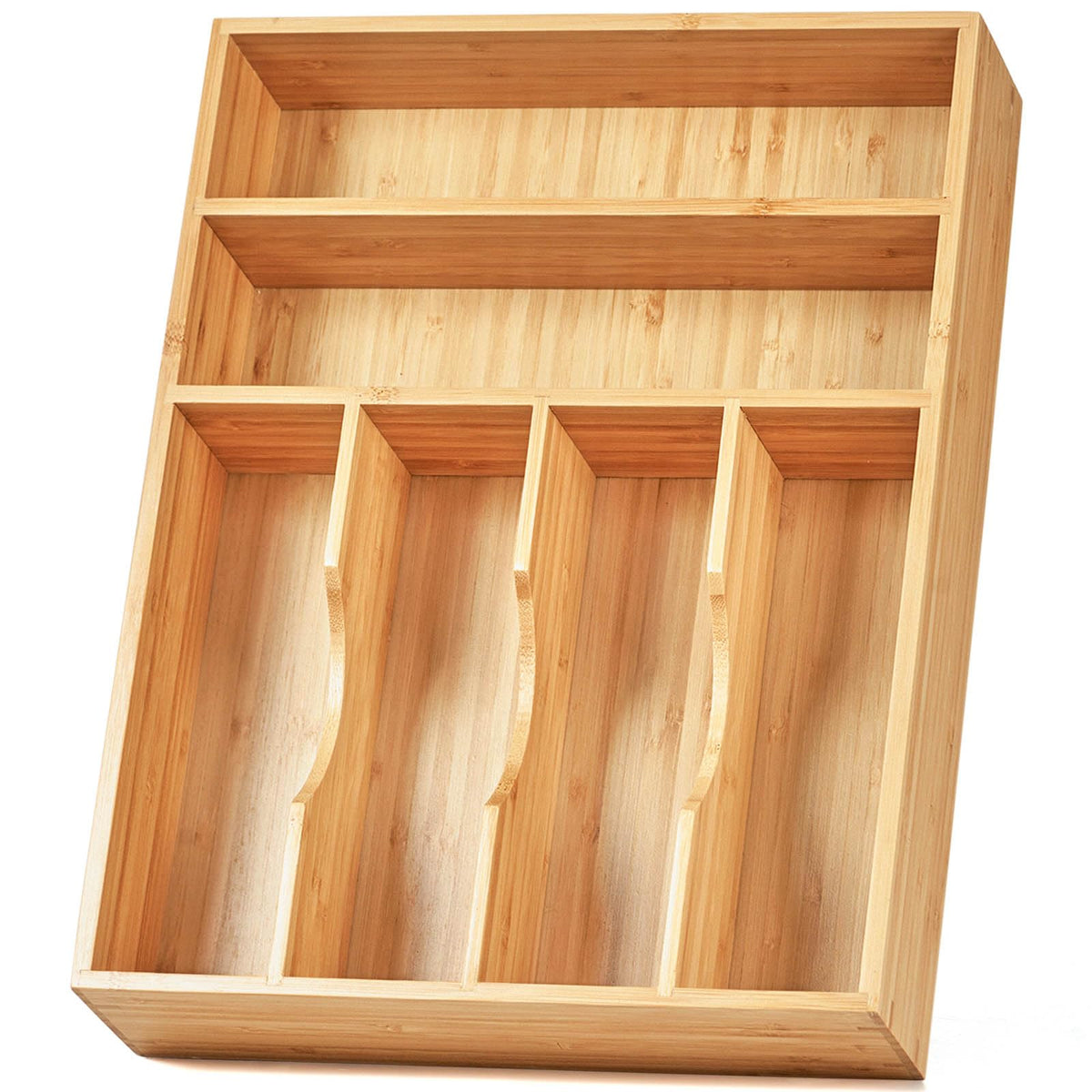 Umilife bamboo tray front view showing six compartments and natural finish, durable organization benefit