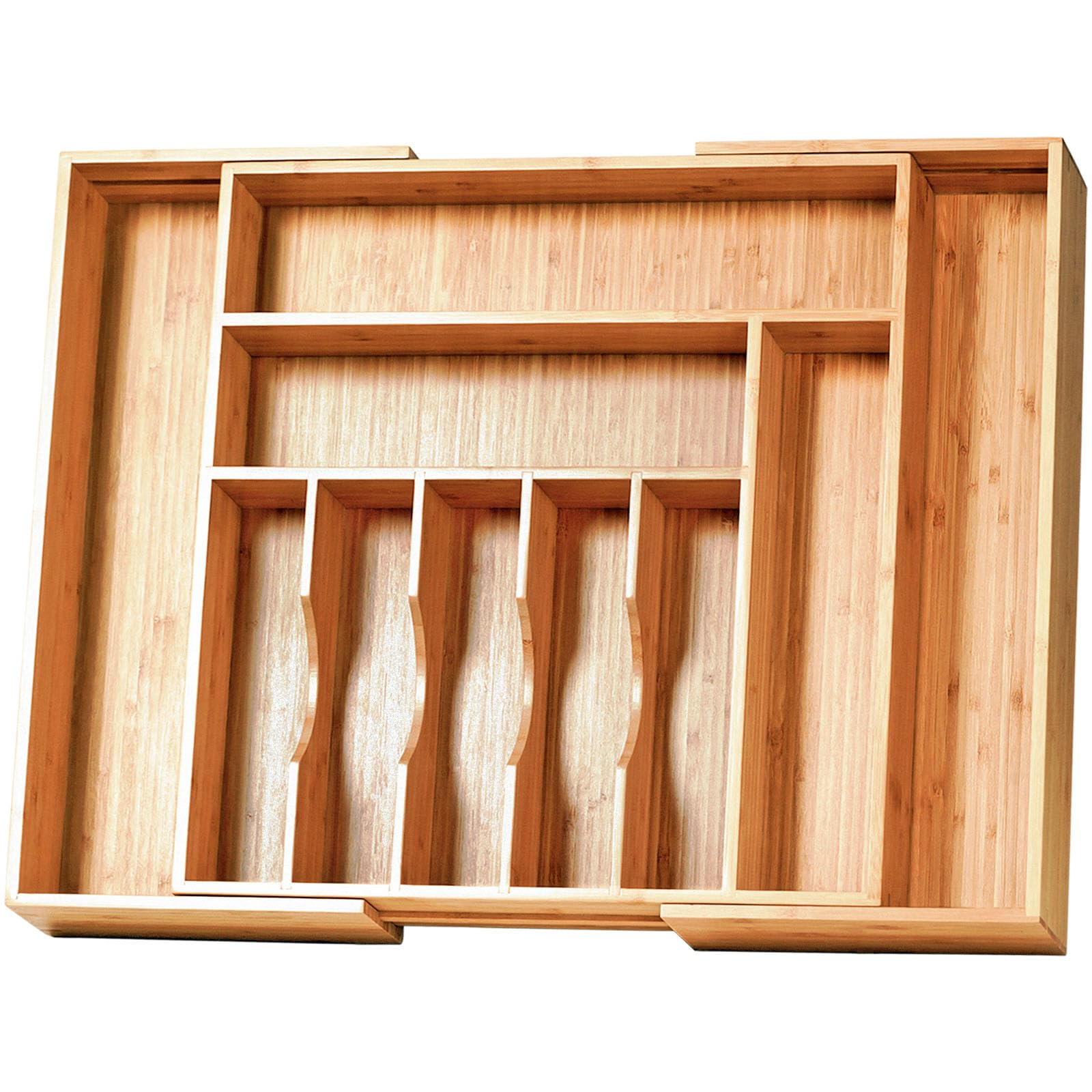 Umilife front view of expandable bamboo organizer showing compartments for tidy storage