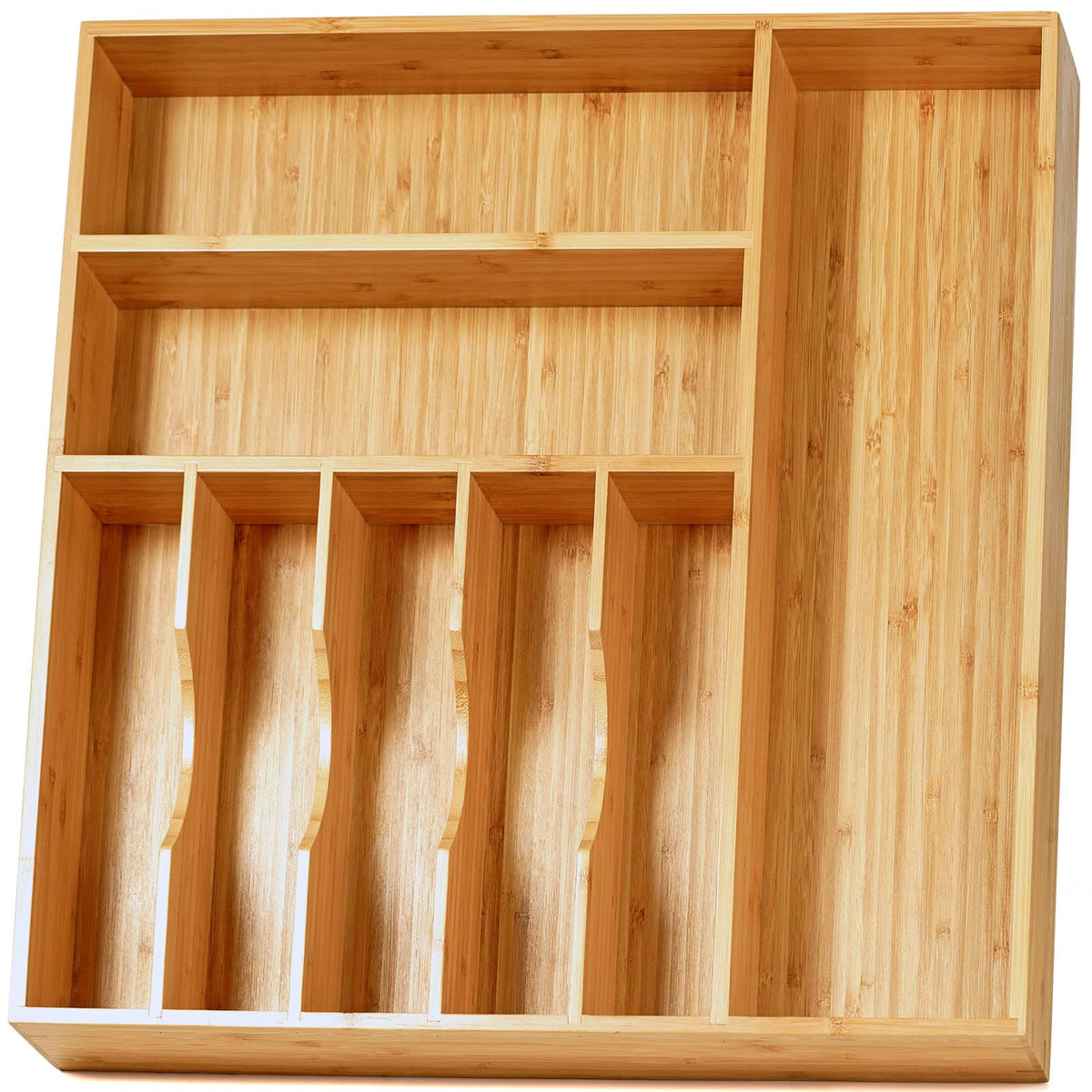 Umilife front view of bamboo organizer showing compartments and neat storage benefit