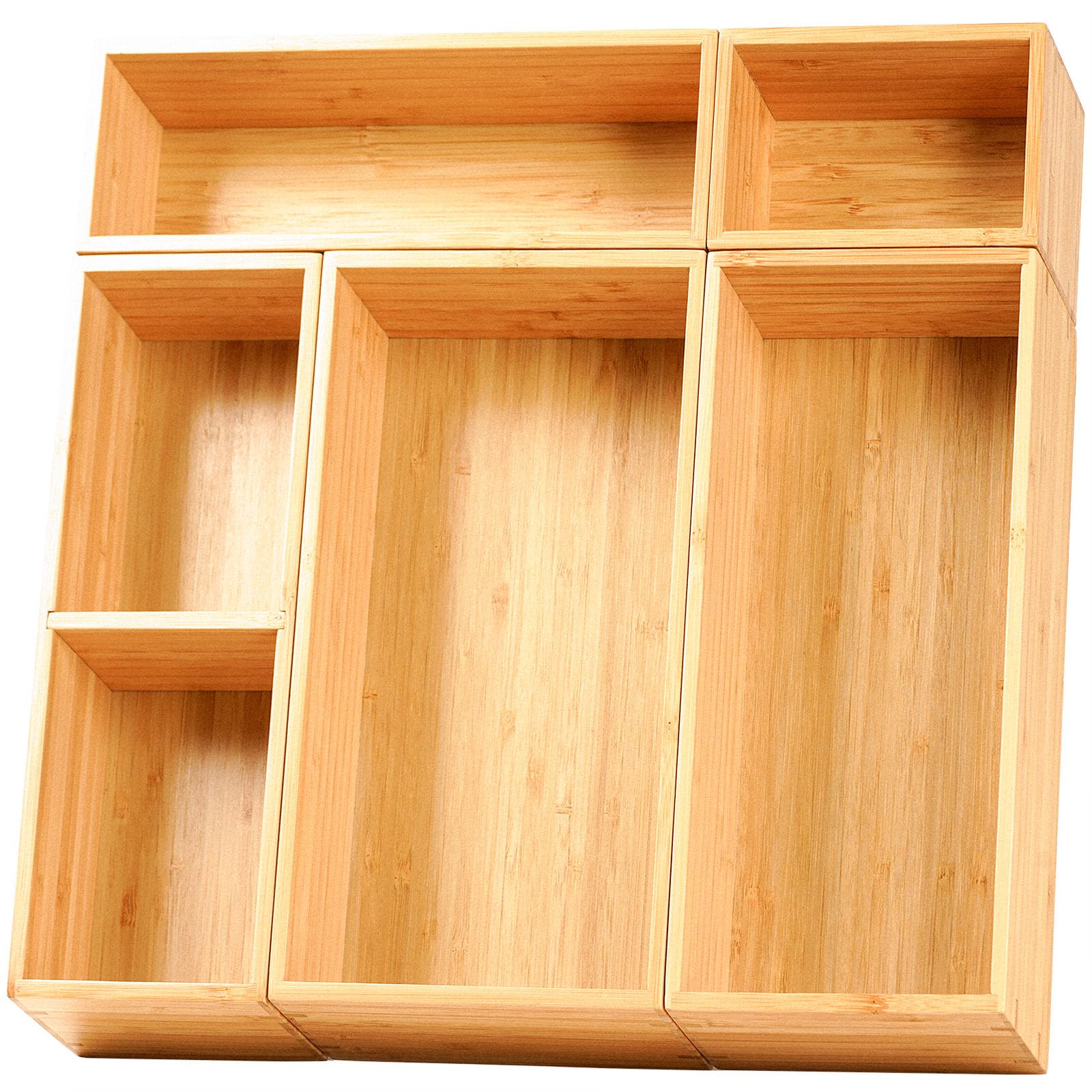 Umilife front view of five bamboo organizer boxes showing size range and neat layout benefit