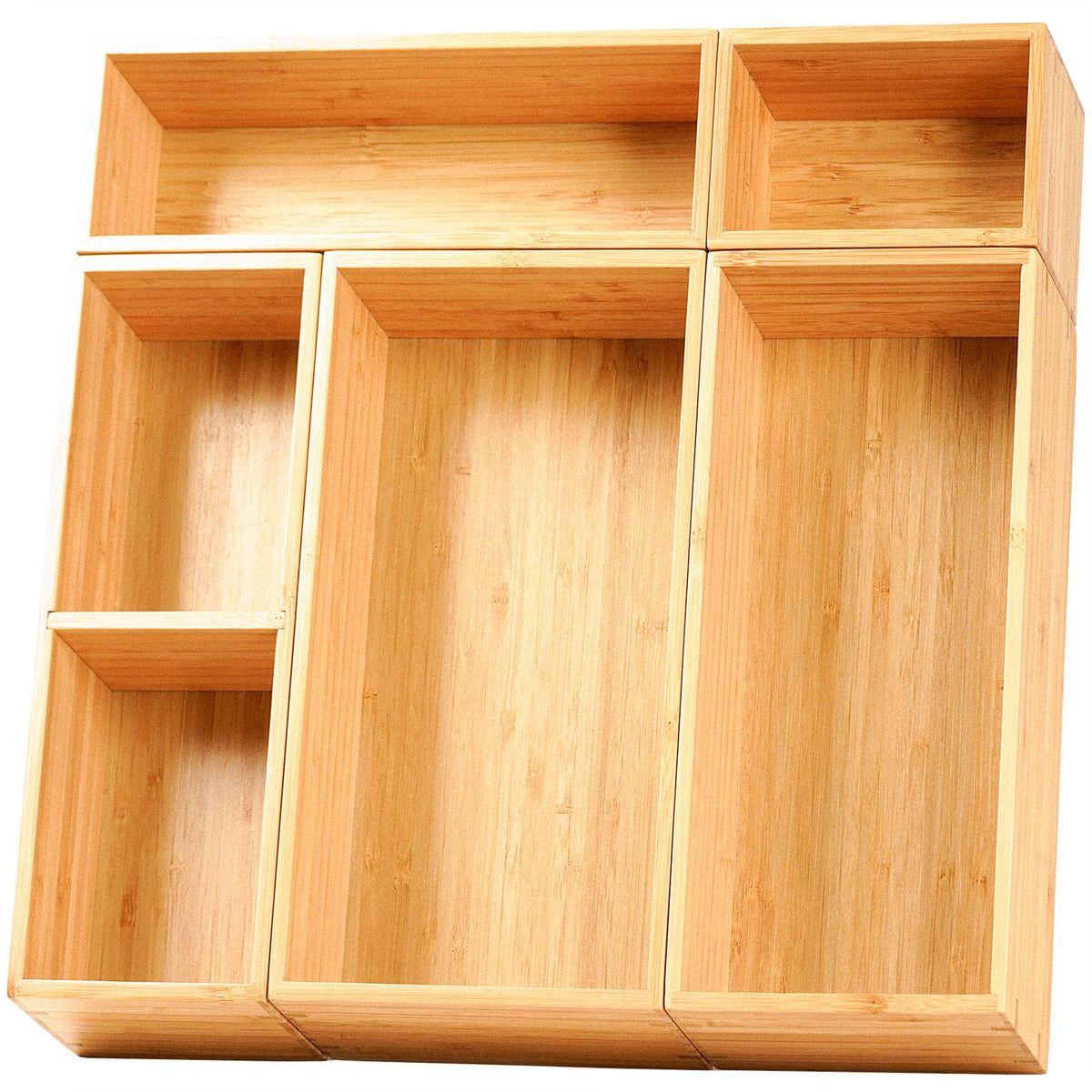Umilife front view of five bamboo organizer boxes showing size range and neat layout benefit