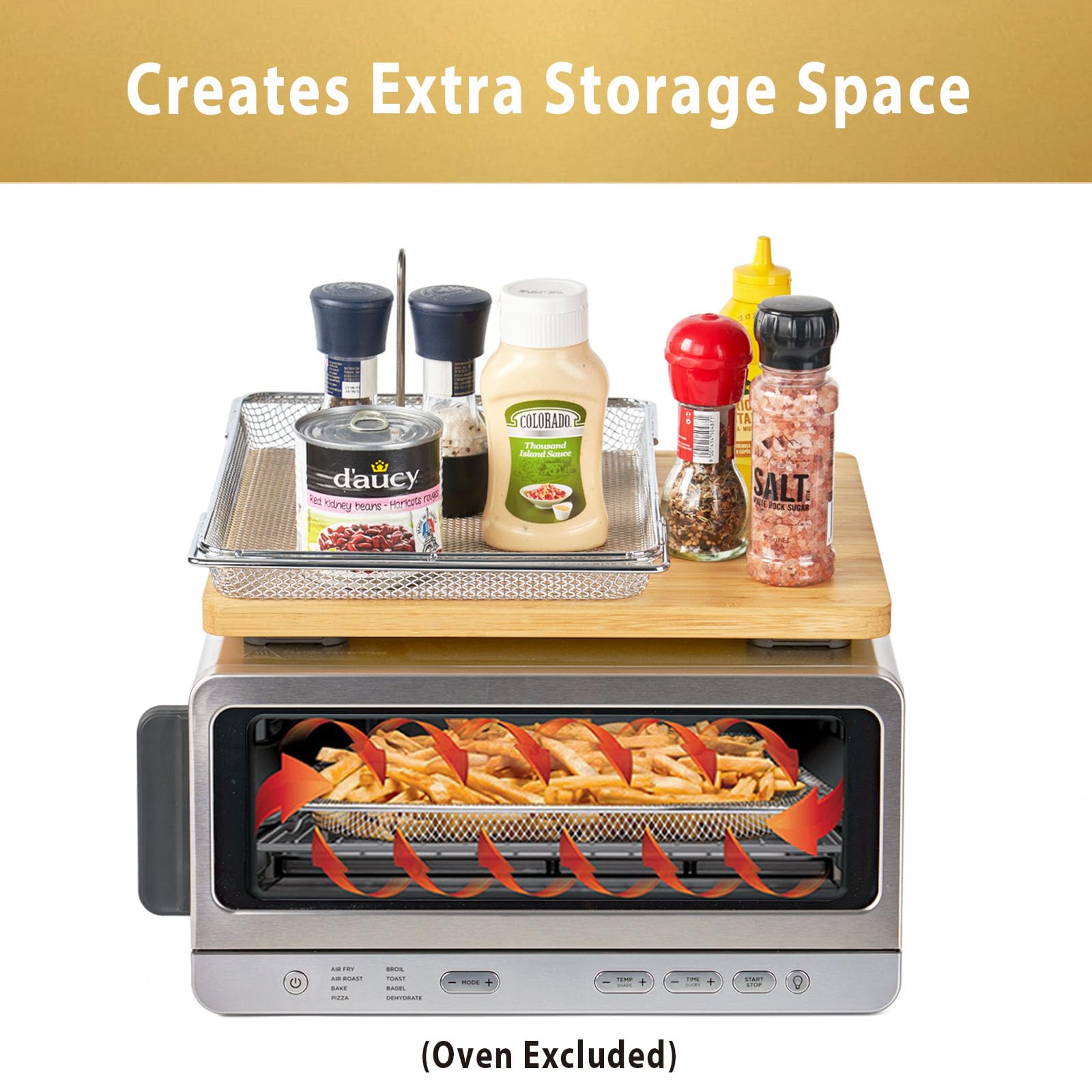 Umilife board sitting atop Ninja SP151 oven creating storage and protecting cabinets