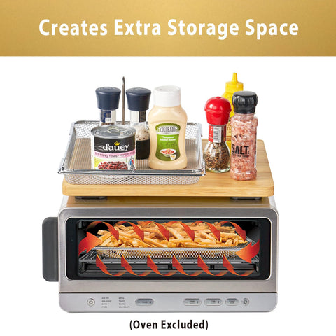 Umilife board sitting atop Ninja SP151 oven creating storage and protecting cabinets