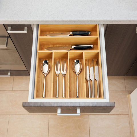 Umilife bamboo tray on kitchen counter beside dishes, attractive natural look benefit