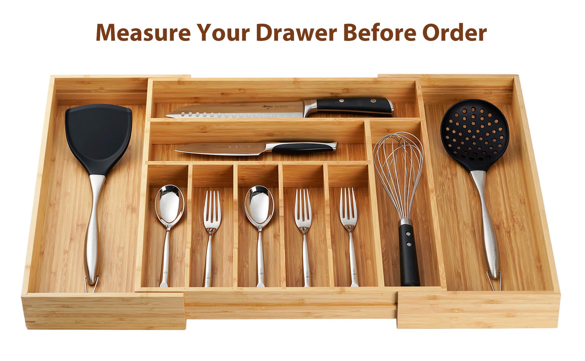 Umilife organizer installed in a kitchen drawer holding forks spoons and utensils for quick access