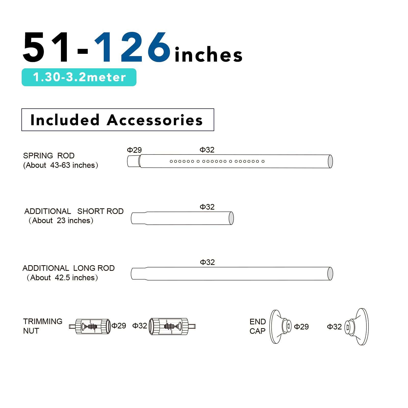 Umimile rod beside tape measure showing adjustable 51 to 126 inch range