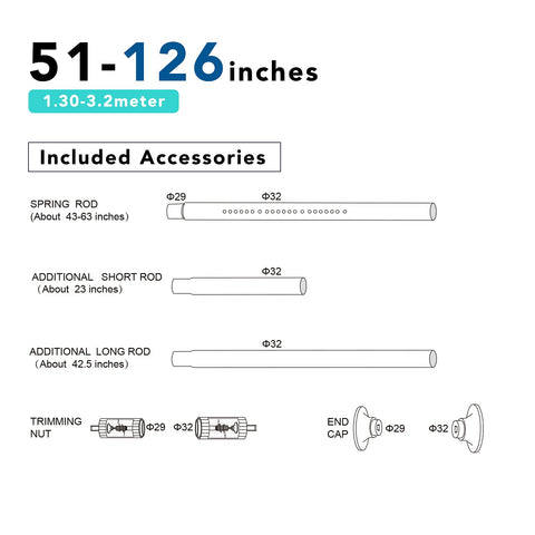 Umimile rod beside tape measure showing adjustable 51 to 126 inch range