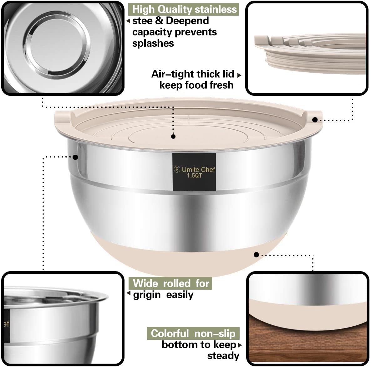 Umite Chef bowl in use mixing batter demonstrating stability and roomy capacity