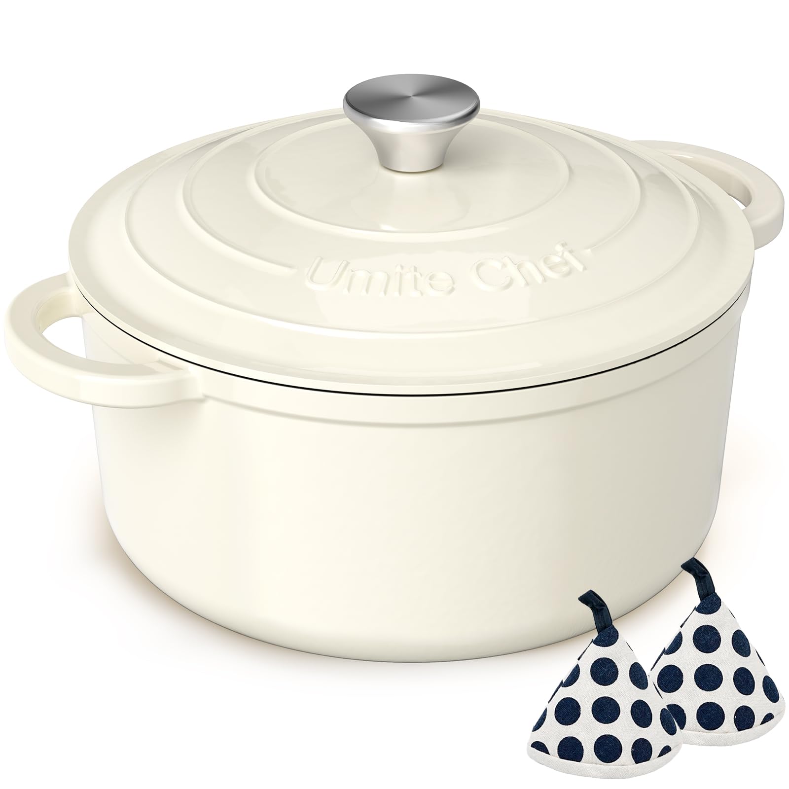 Umite Chef front view of cream white Dutch oven showing elegant finish and cooking versatility
