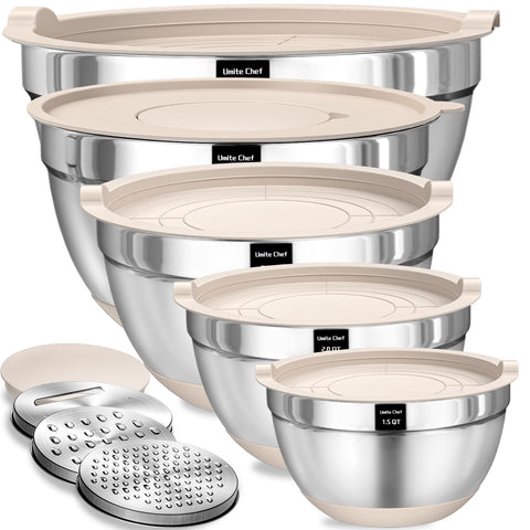 Umite Chef front view of all bowls showing airtight lids and polished finish benefits