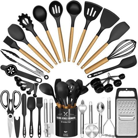 Umite Chef front packaging and holder showing complete 34-piece set, organized and ready