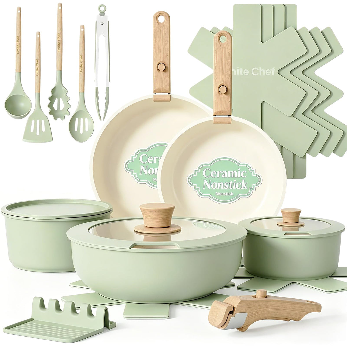 Umite Chef full set front view showing complete sage green cookware and included accessories
