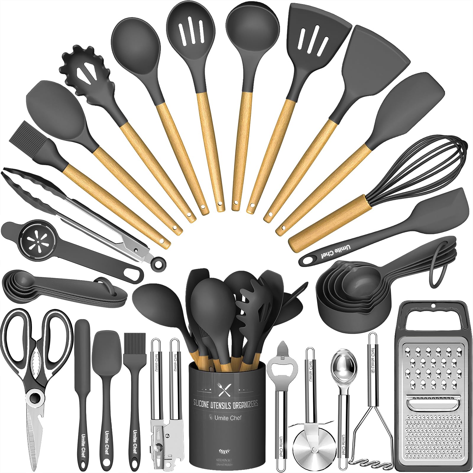 Umite Chef front view of full 34-piece dark gray set, organized and complete