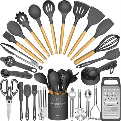 Umite Chef front view of full 34-piece dark gray set, organized and complete