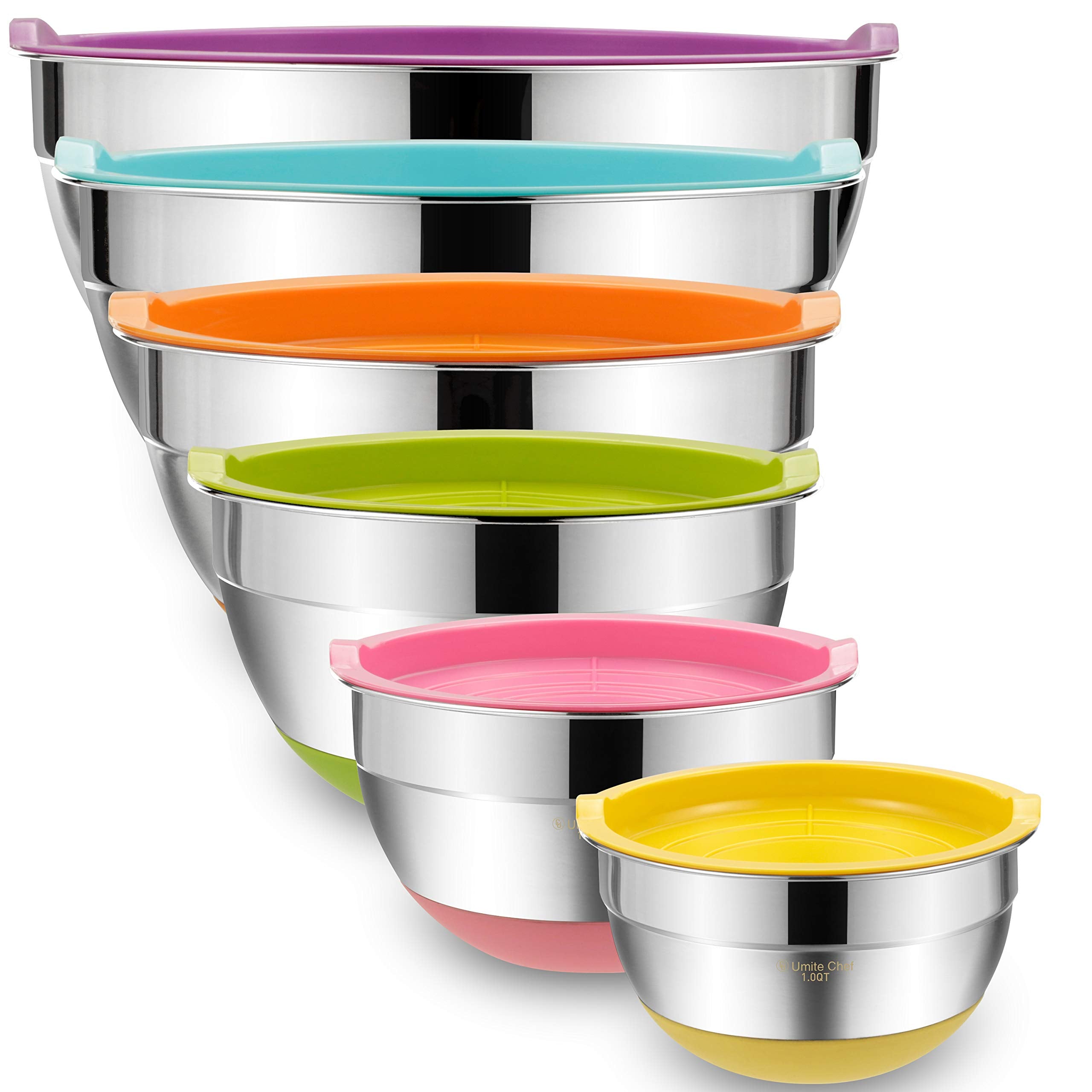 Umite Chef front view of all six bowls showing lids and finishes for organized storage