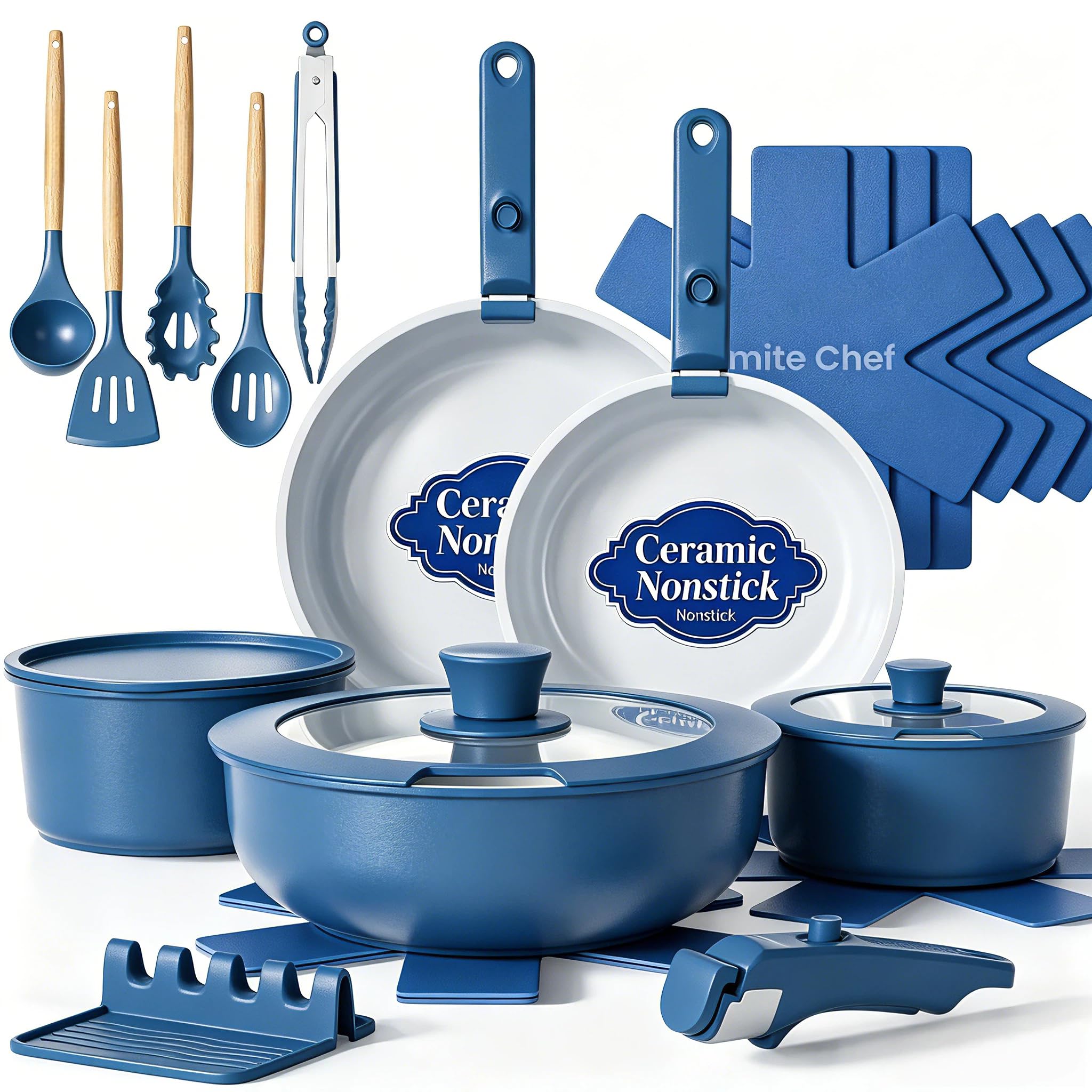 Umite Chef front view of full 21-piece set showing included pieces and space-saving design