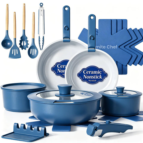 Umite Chef front view of full 21-piece set showing included pieces and space-saving design