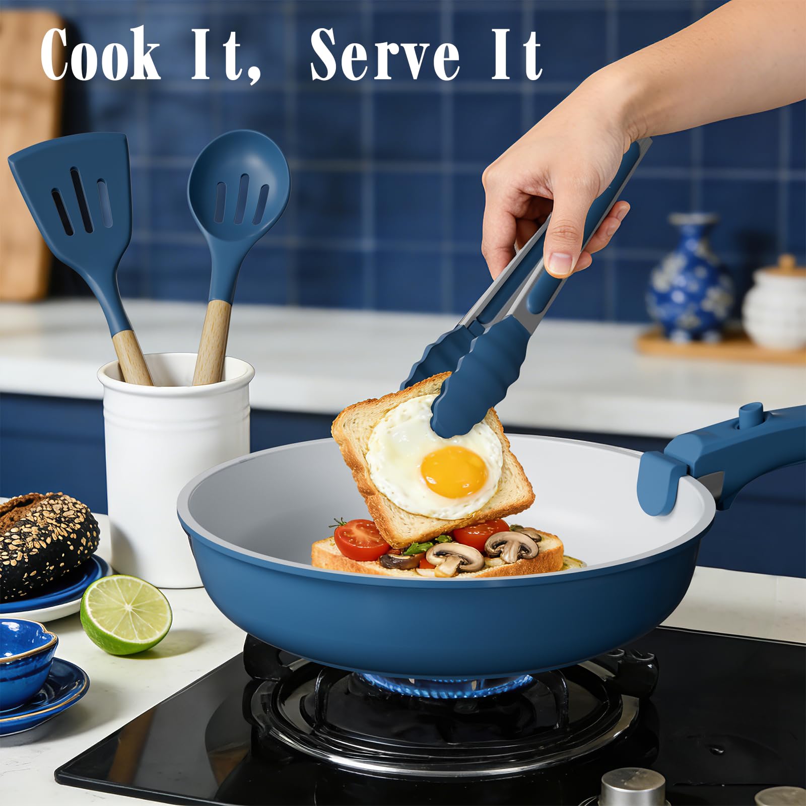 Umite Chef frying pan searing food on stovetop showing even heat and browning benefit