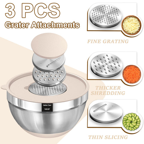 Umite Chef grater attachments mounted on bowl for mess-free shredding and slicing