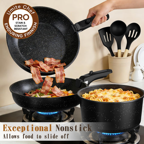 Umite Chef pan searing steak on stovetop demonstrating even heat and fast cooking