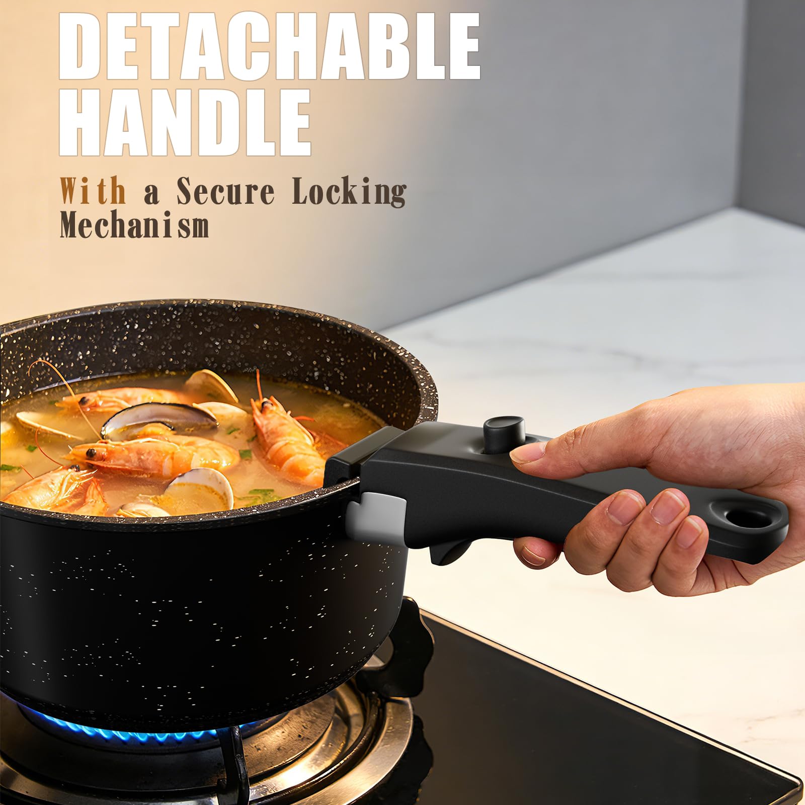 Umite Chef glass lid and handle connection showing tight seal and safe handling advantage
