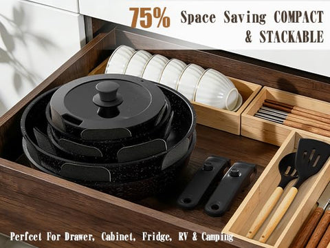 Umite Chef nested pots stacked to save cabinet space and protect cookware with included protectors