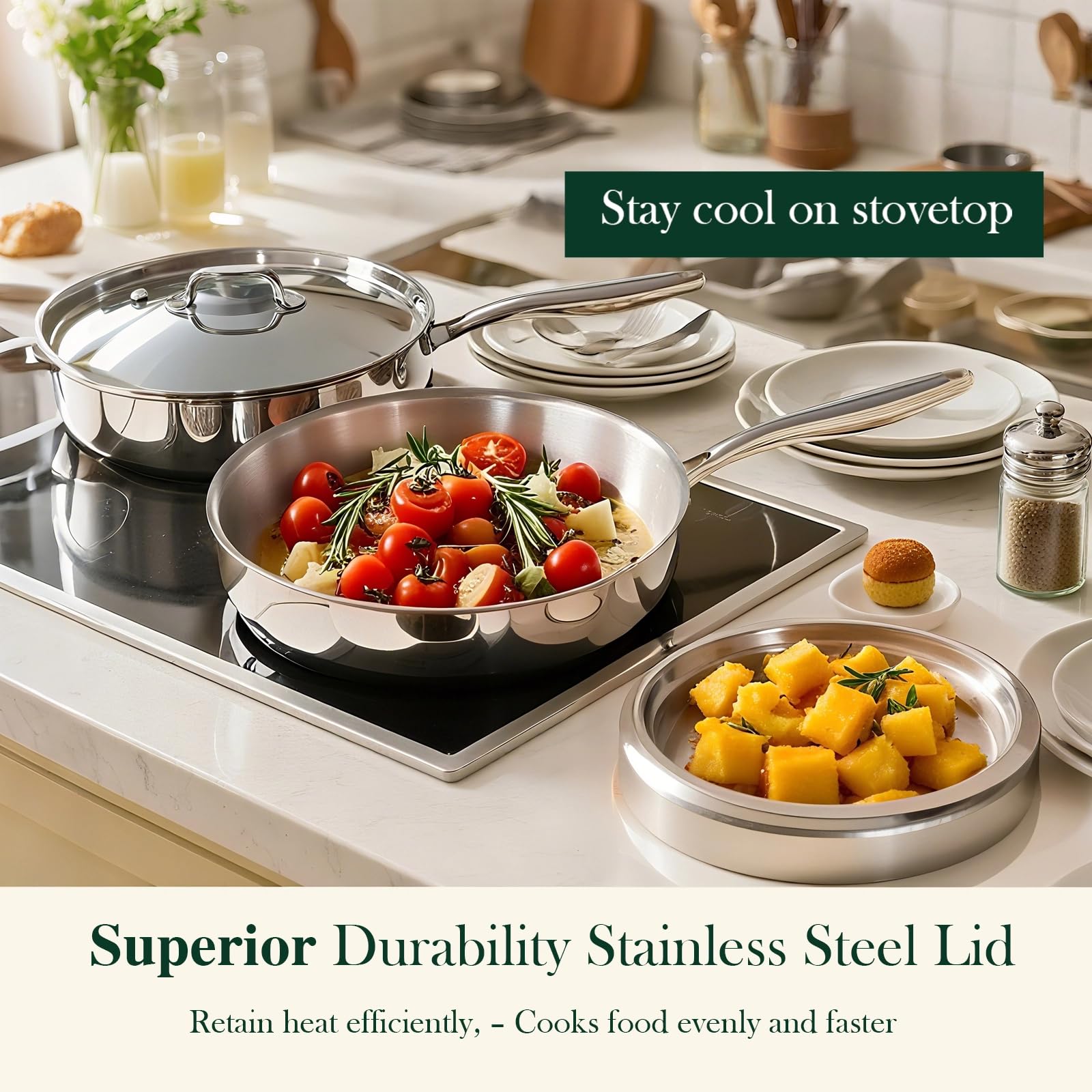Umite Chef pan on induction cooktop showing compatibility and rapid heat benefit