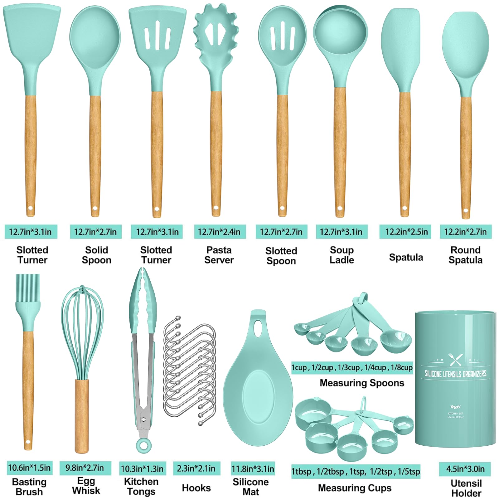 Umite Chef silicone mat with measuring cups and spoons demonstrating prep and baking readiness