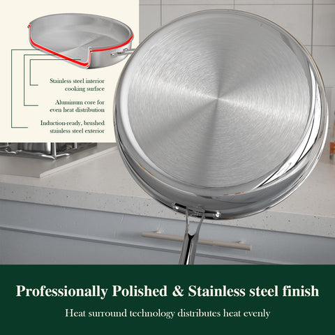 Umite Chef pan next to measuring tape showing 12-inch scale and kitchen-ready size benefit