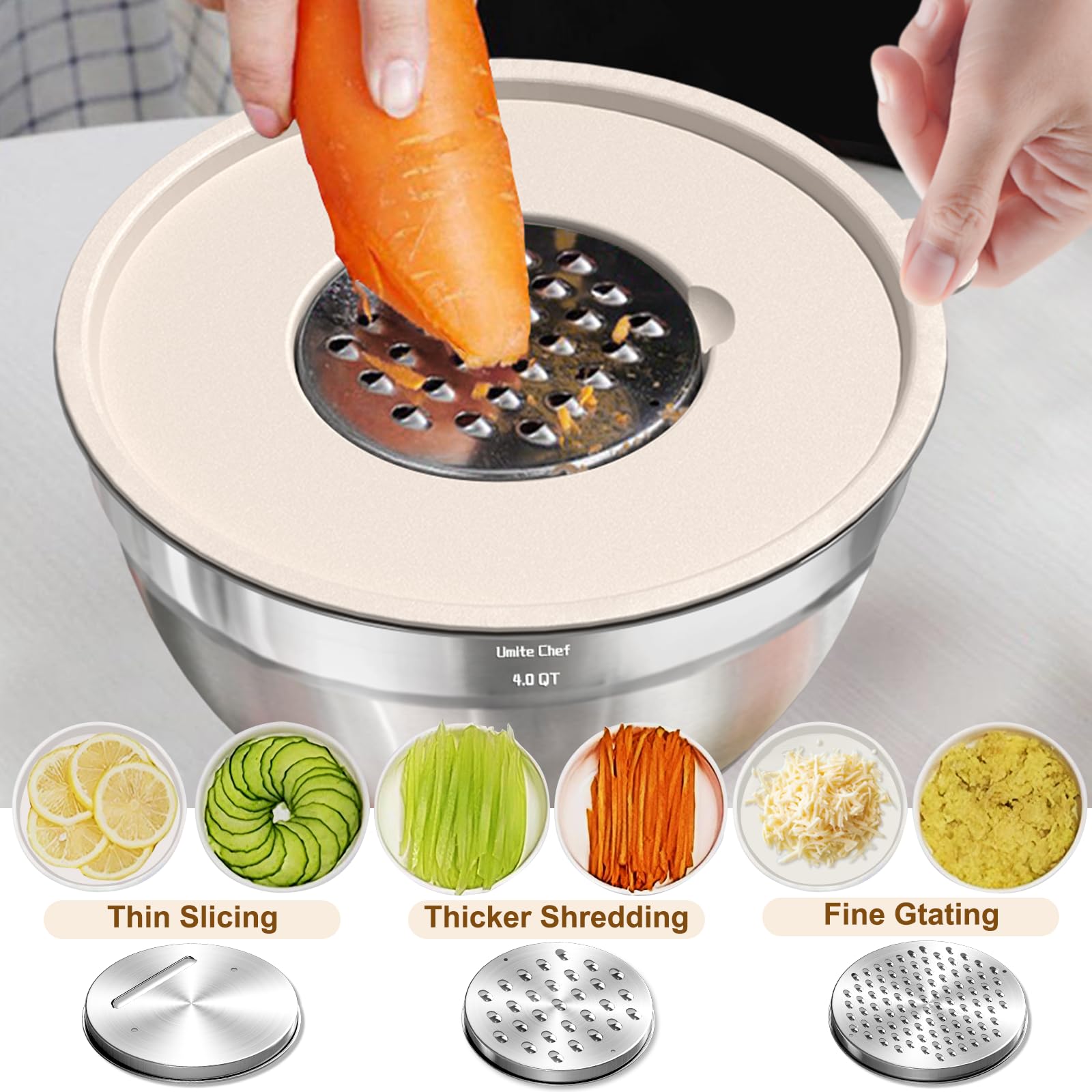 Umite Chef all five bowls labeled by quart for choosing the correct size quickly