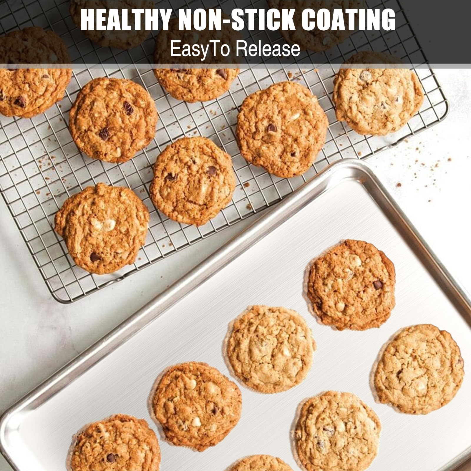 Umite Chef pans next to ruler showing 16x12x1 inch size for oven compatibility