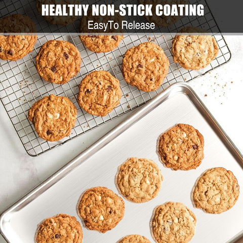Umite Chef pans next to ruler showing 16x12x1 inch size for oven compatibility