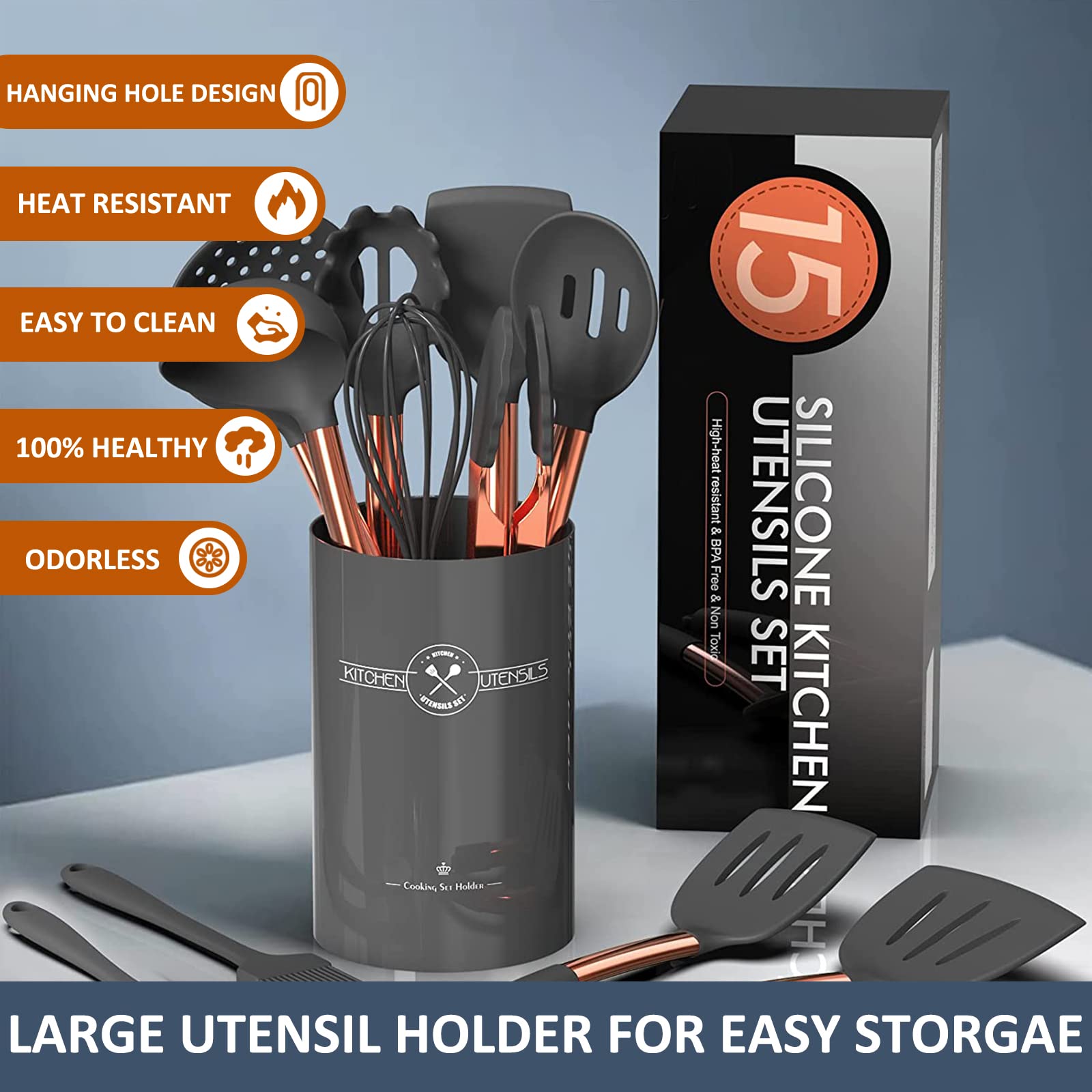 Umite Chef utensils in holder showing scale and tidy countertop storage