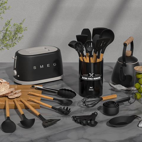 Umite Chef close-up of silicone spatula and slotted spoon protecting nonstick surfaces