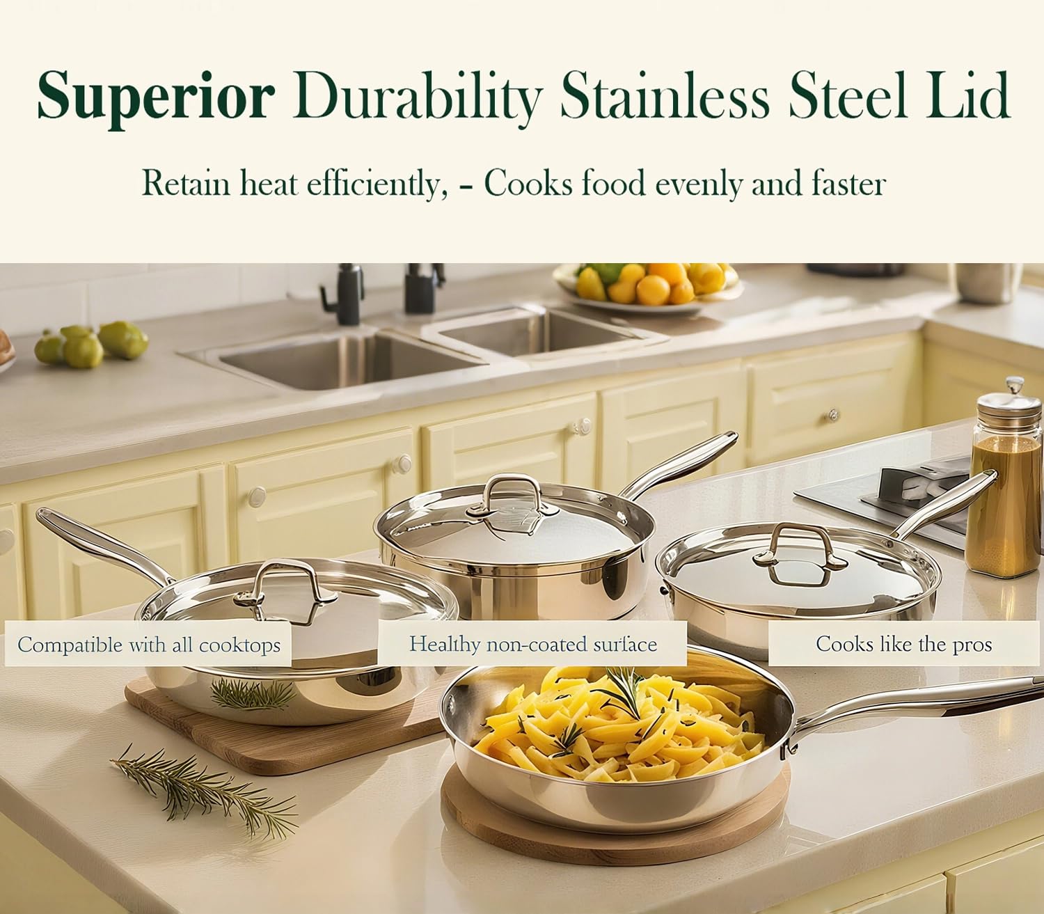 Umite Chef stainless lid close-up showing thickness and benefit of thermal shock resistance