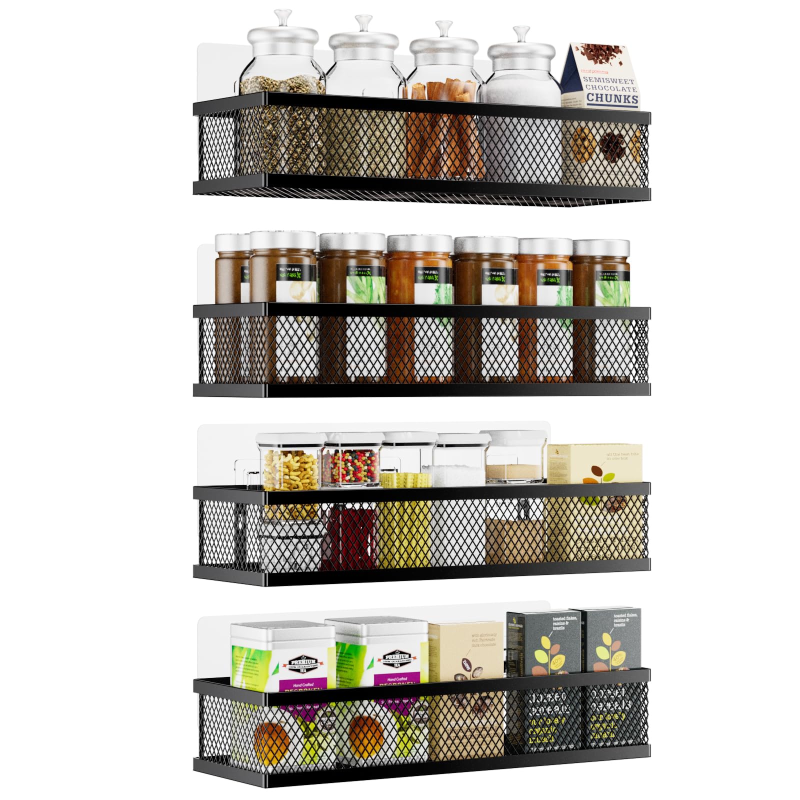 Umomi front view of 4-pack spice racks showing organized bottles and jars for space-saving