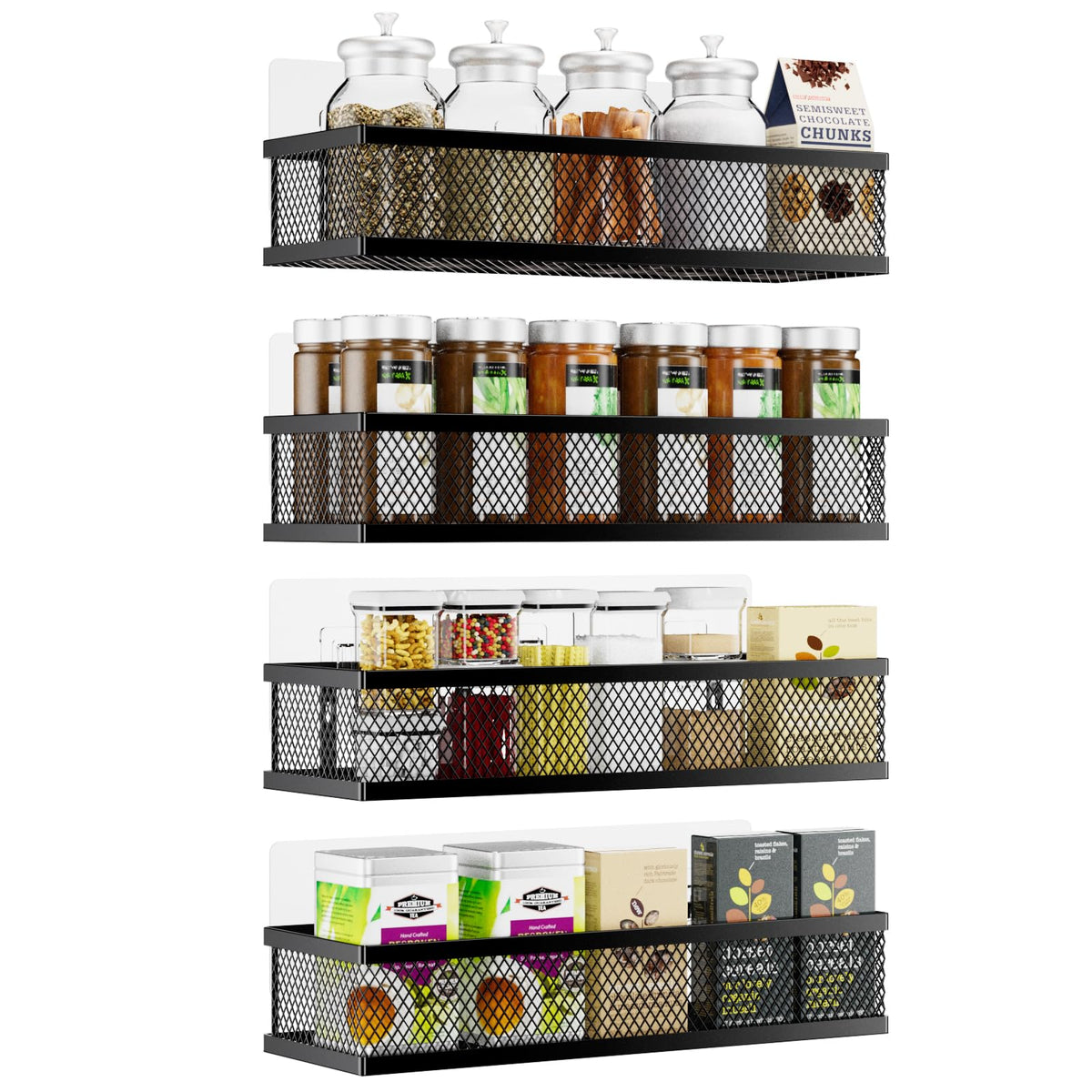 Umomi front view of 4-pack spice racks showing organized bottles and jars for space-saving