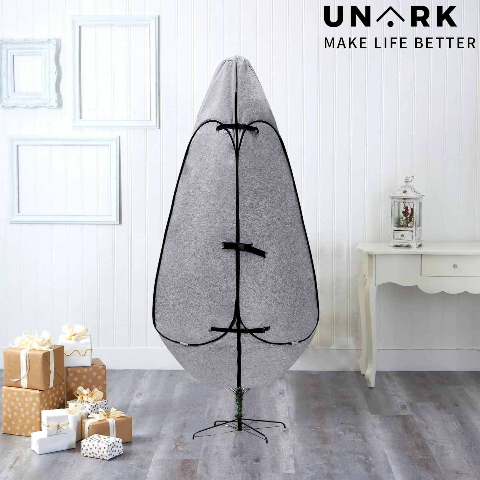 UNARK in garage on shelf showing neat, space-saving storage