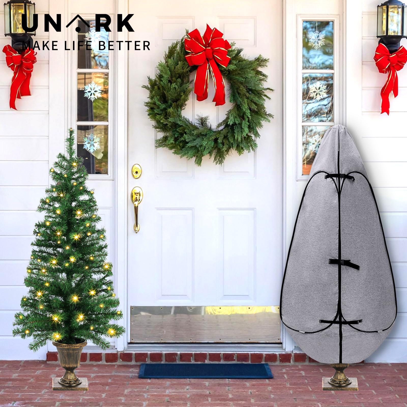 UNARK next to a standard door for scale showing fit for tall trees