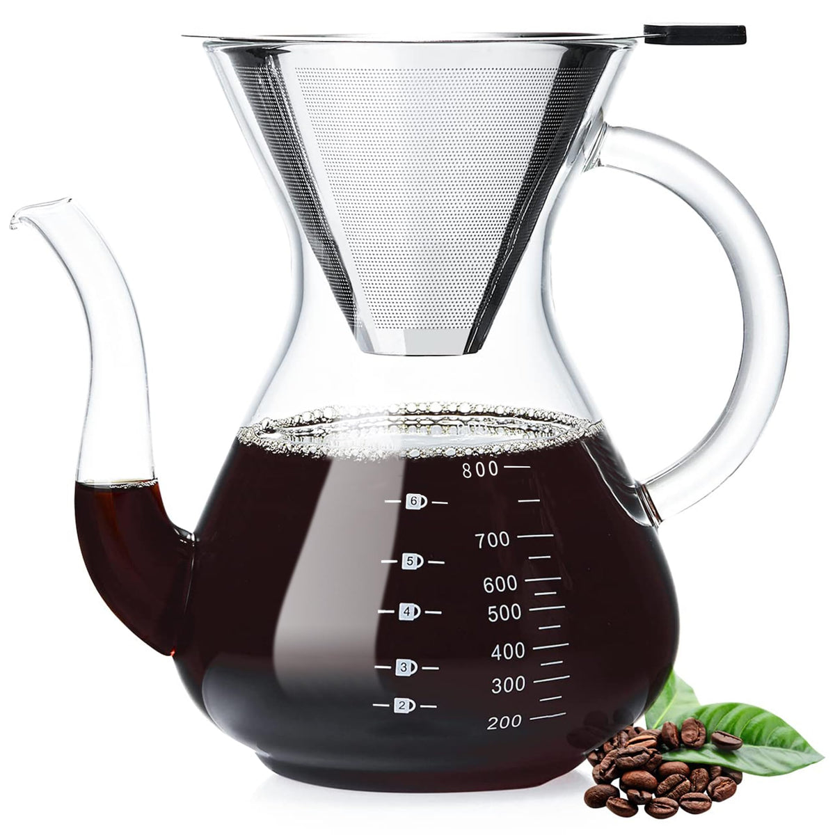 Unbreakable front view of pour-over coffee maker showing elegant shape and benefit of visual clarity