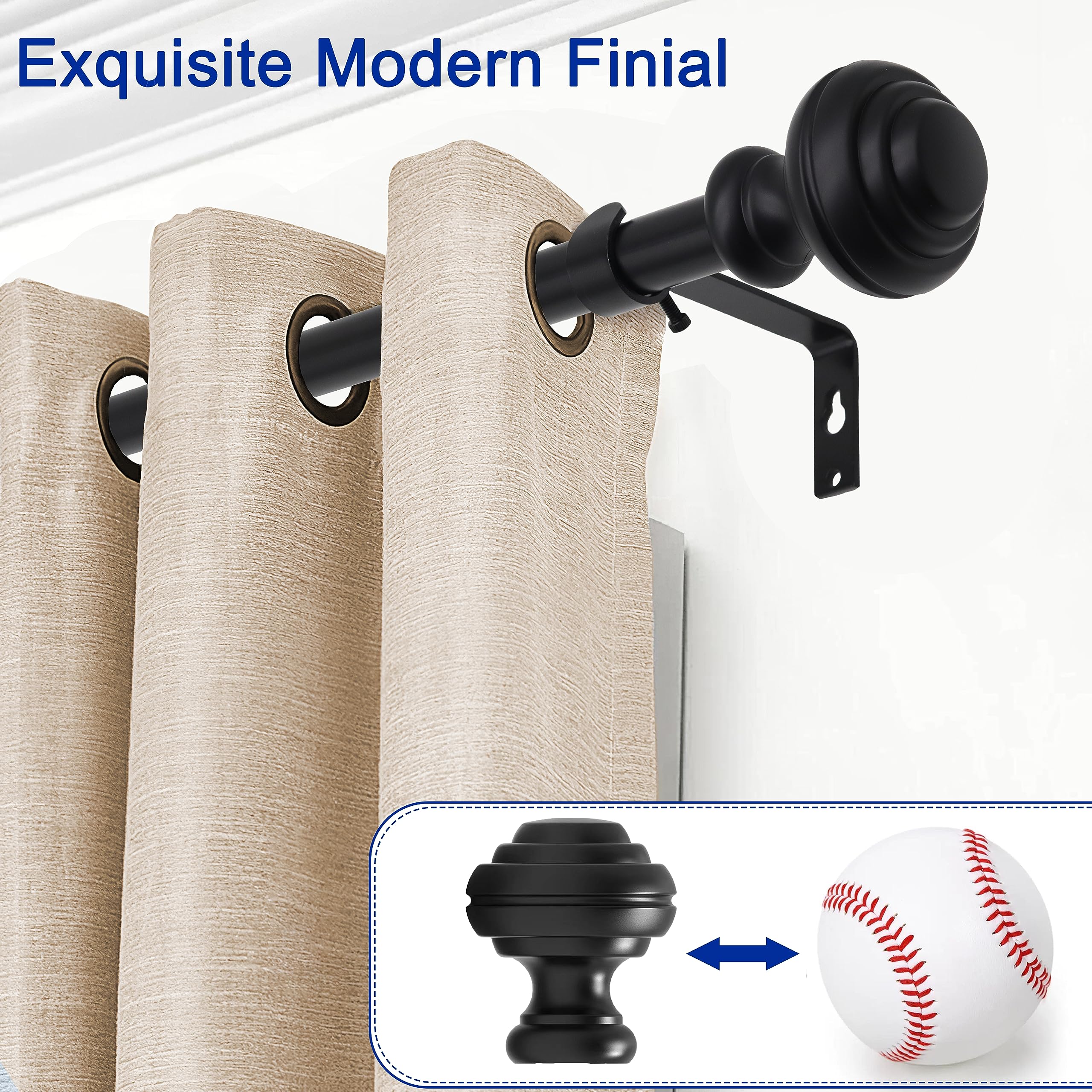 UNCONSIL close-up of 3/4 inch rod diameter and finial, highlights sturdy construction benefit