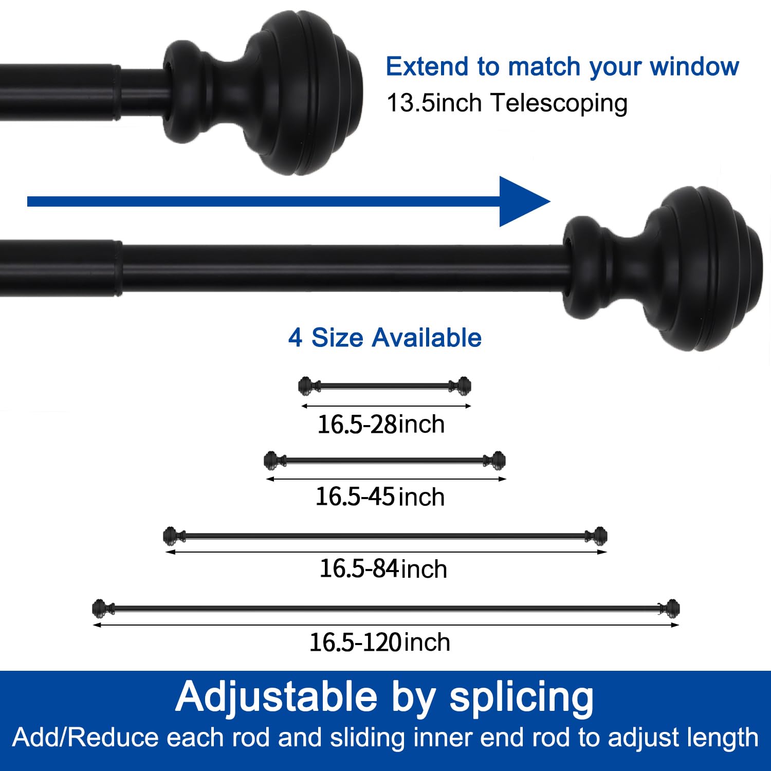 UNCONSIL rod beside ruler showing adjustable 16.5–45 inch range, clear sizing benefit