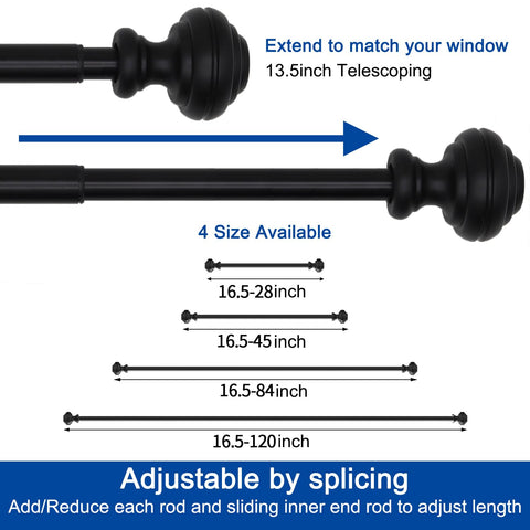 UNCONSIL rod beside ruler showing adjustable 16.5–45 inch range, clear sizing benefit
