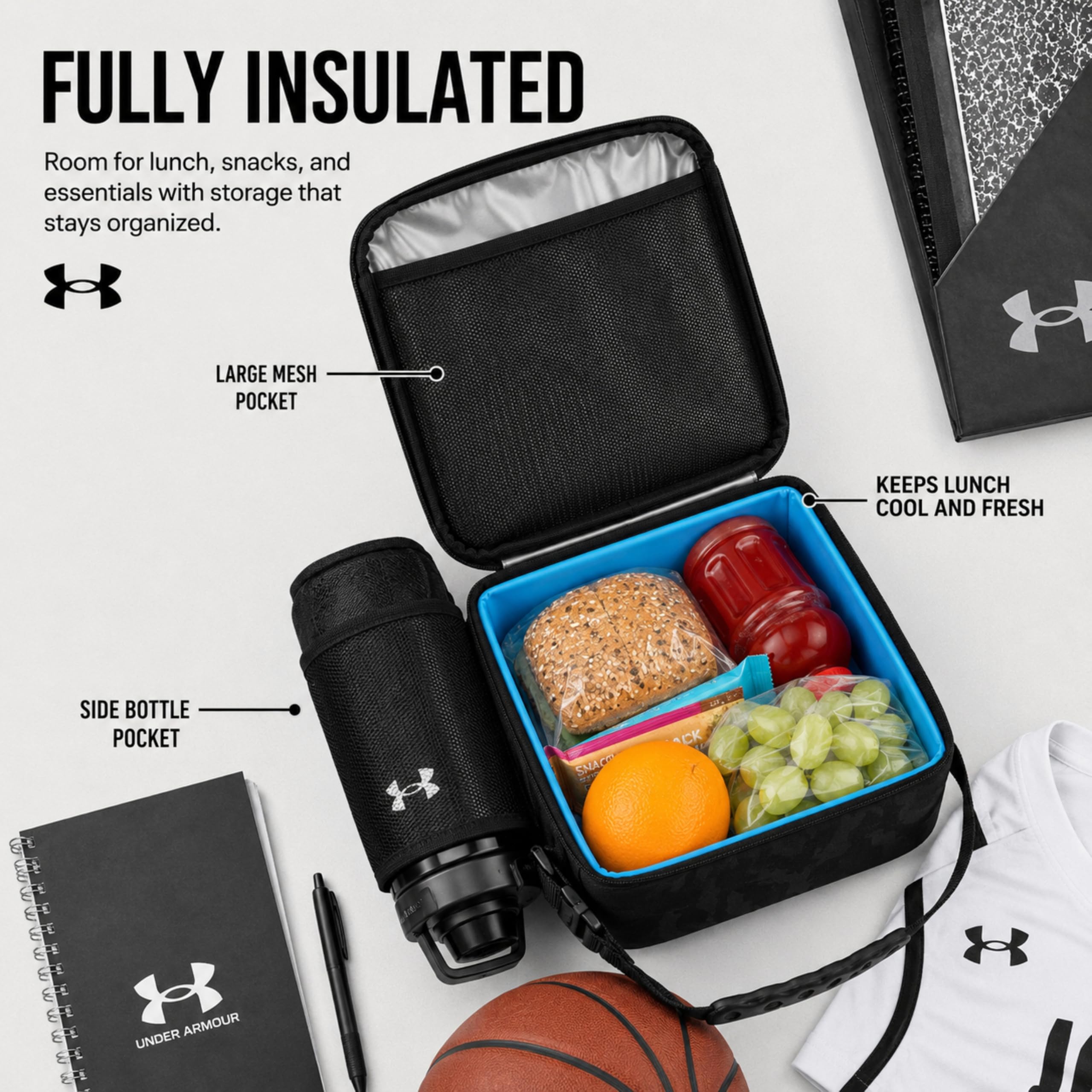 Under Armour UA Scrimmage 3 open interior liner displaying insulated easy-clean surface to protect food