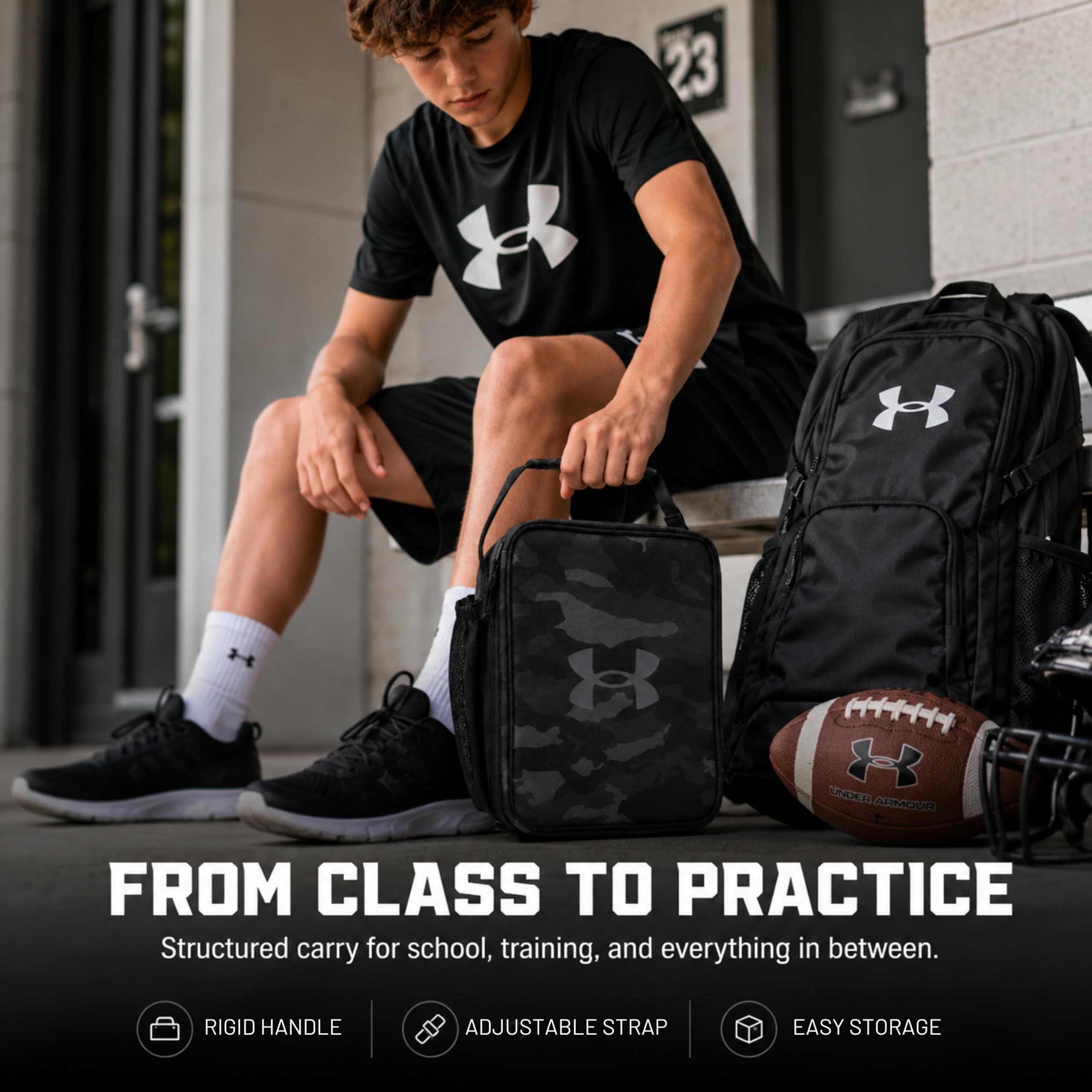 Under Armour UA Scrimmage 3 detachable strap and rigid handle detail for versatile carrying comfort