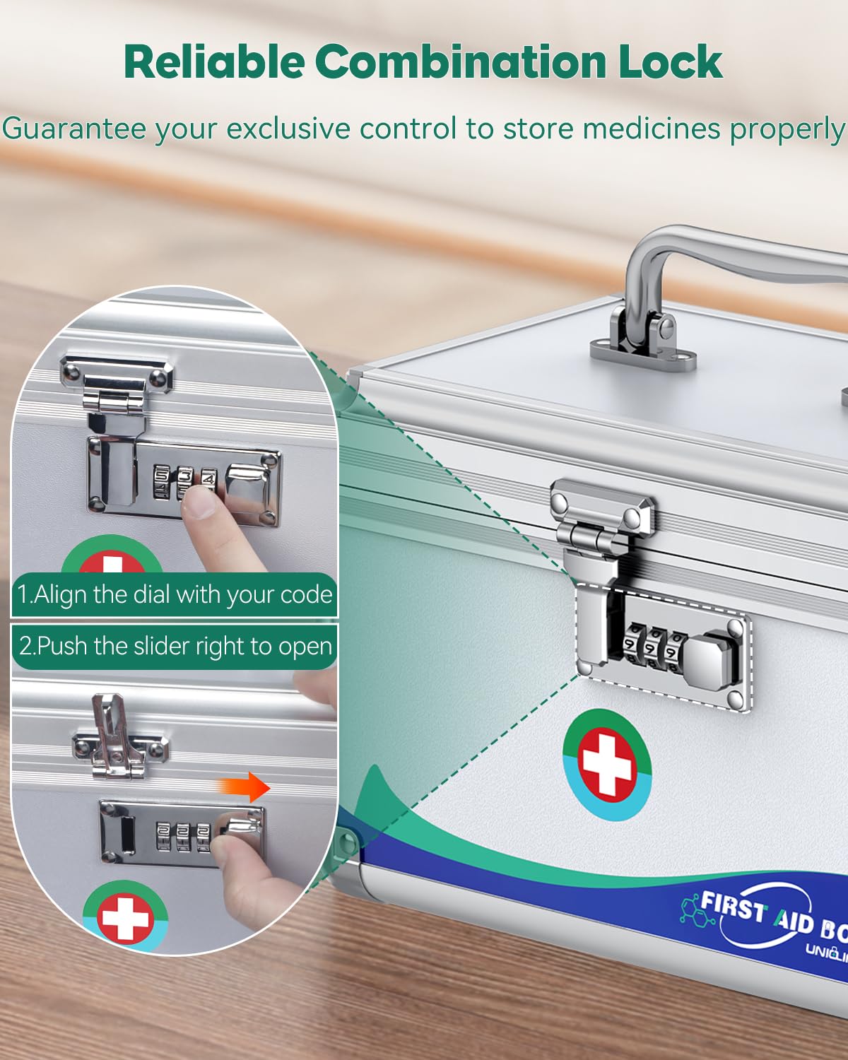 Uniclife lock box interior pocket detail showing elastic storage for small supplies and visibility