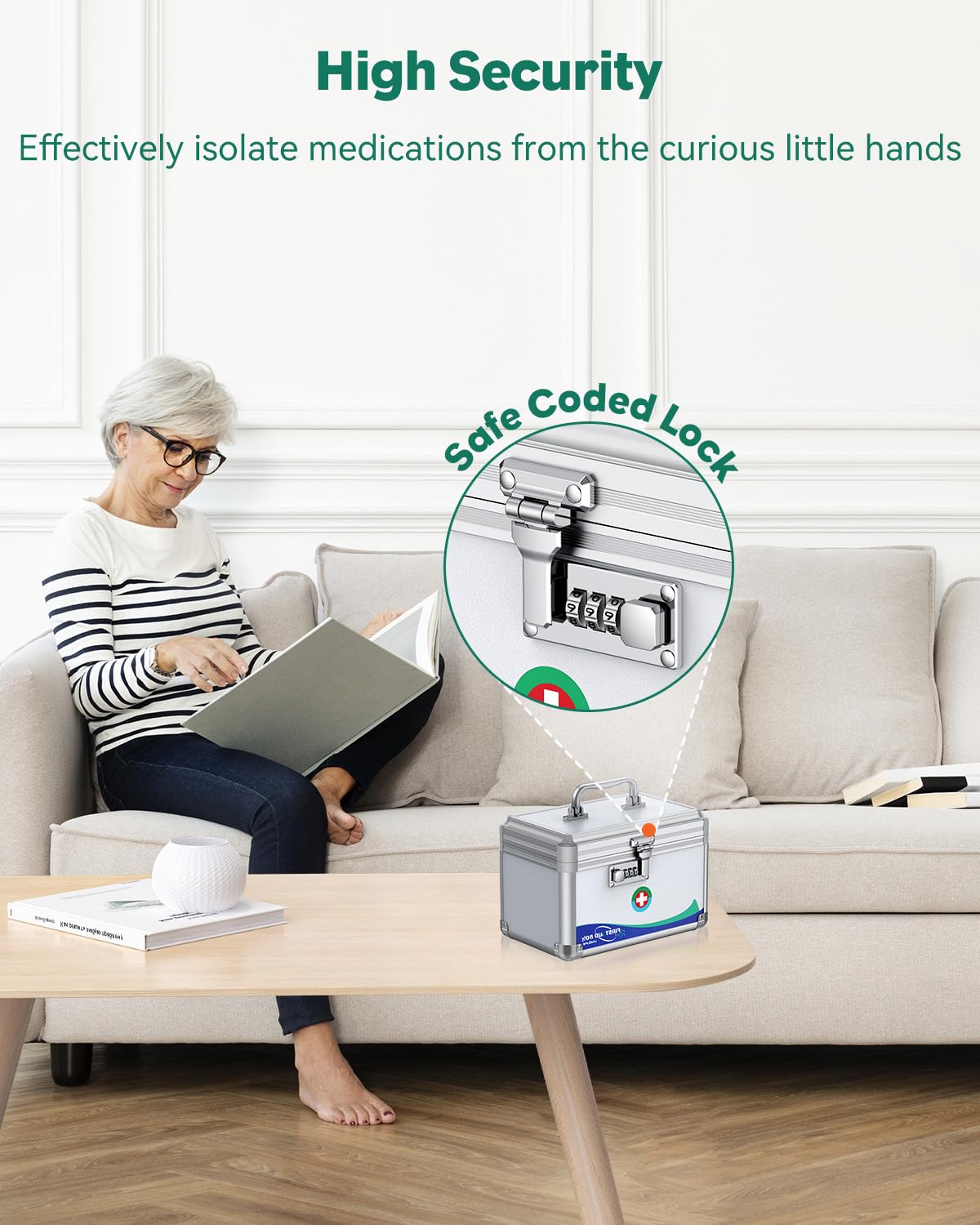 Uniclife lock box on bathroom shelf in lifestyle setting demonstrating discreet, ready storage